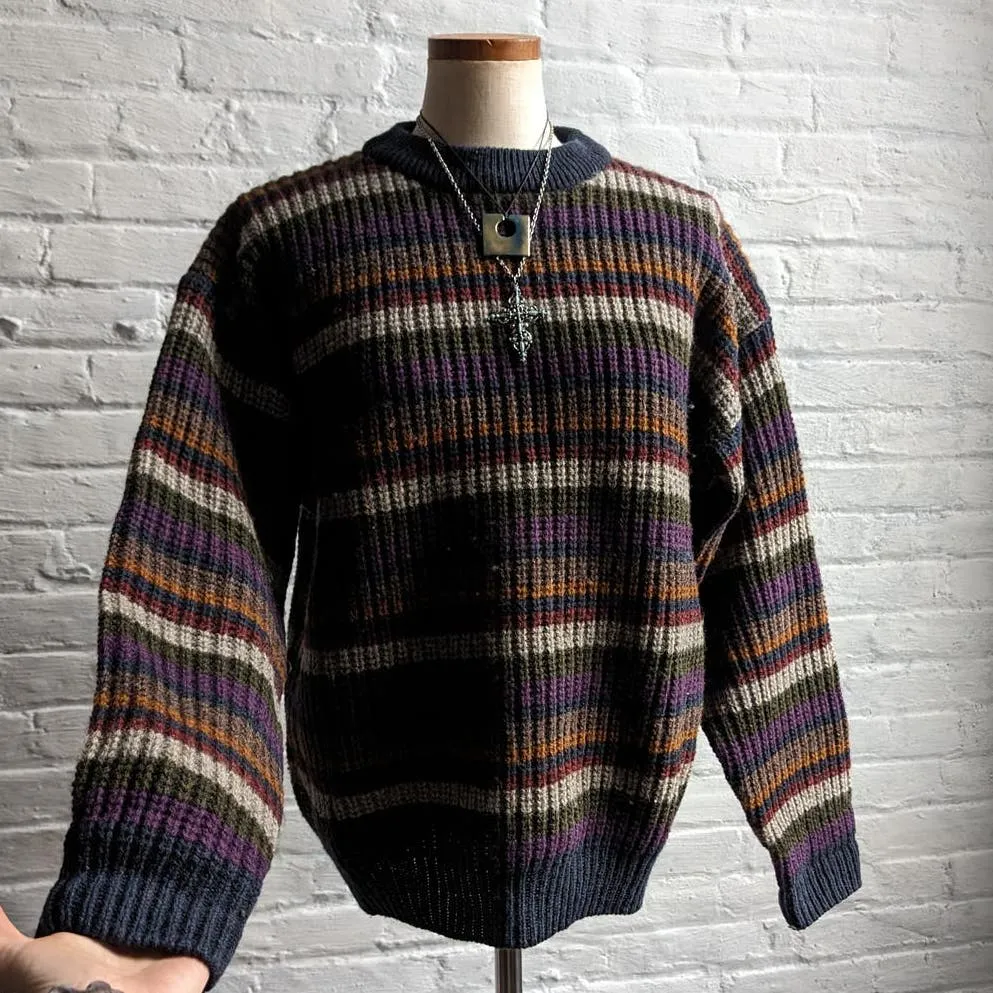 70s Vintage Navy Chunky Knit Striped Wool Sweater Minimalist Grunge Preppy Top