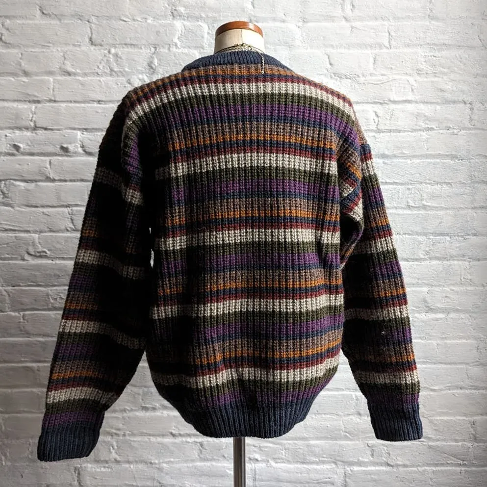 70s Vintage Navy Chunky Knit Striped Wool Sweater Minimalist Grunge Preppy Top