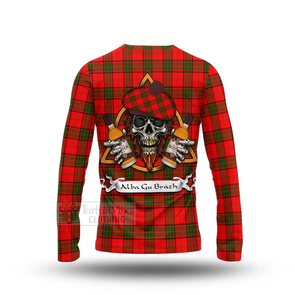 Adair Tartan Long Sleeve T-Shirt with Family Crest and Bearded Skull Holding Bottles of Whiskey