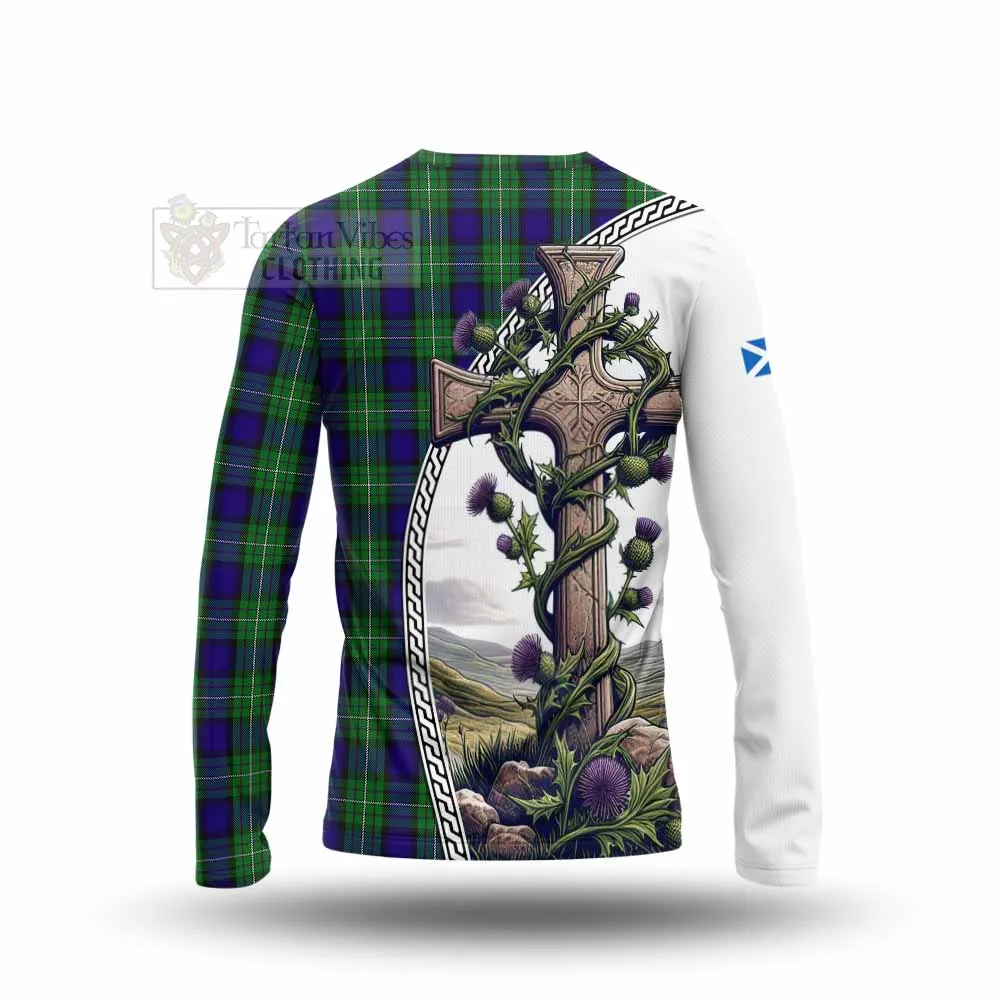 Alexander Tartan Long Sleeve T-Shirt with Family Crest and St. Andrew's Cross Accented by Thistle Vines