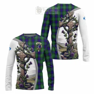 Alexander Tartan Long Sleeve T-Shirt with Family Crest and St. Andrew's Cross Accented by Thistle Vines