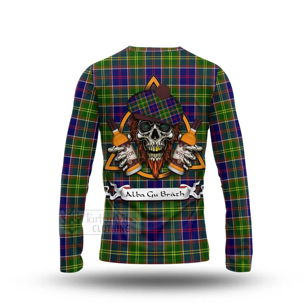 Arnott Tartan Long Sleeve T-Shirt with Family Crest and Bearded Skull Holding Bottles of Whiskey