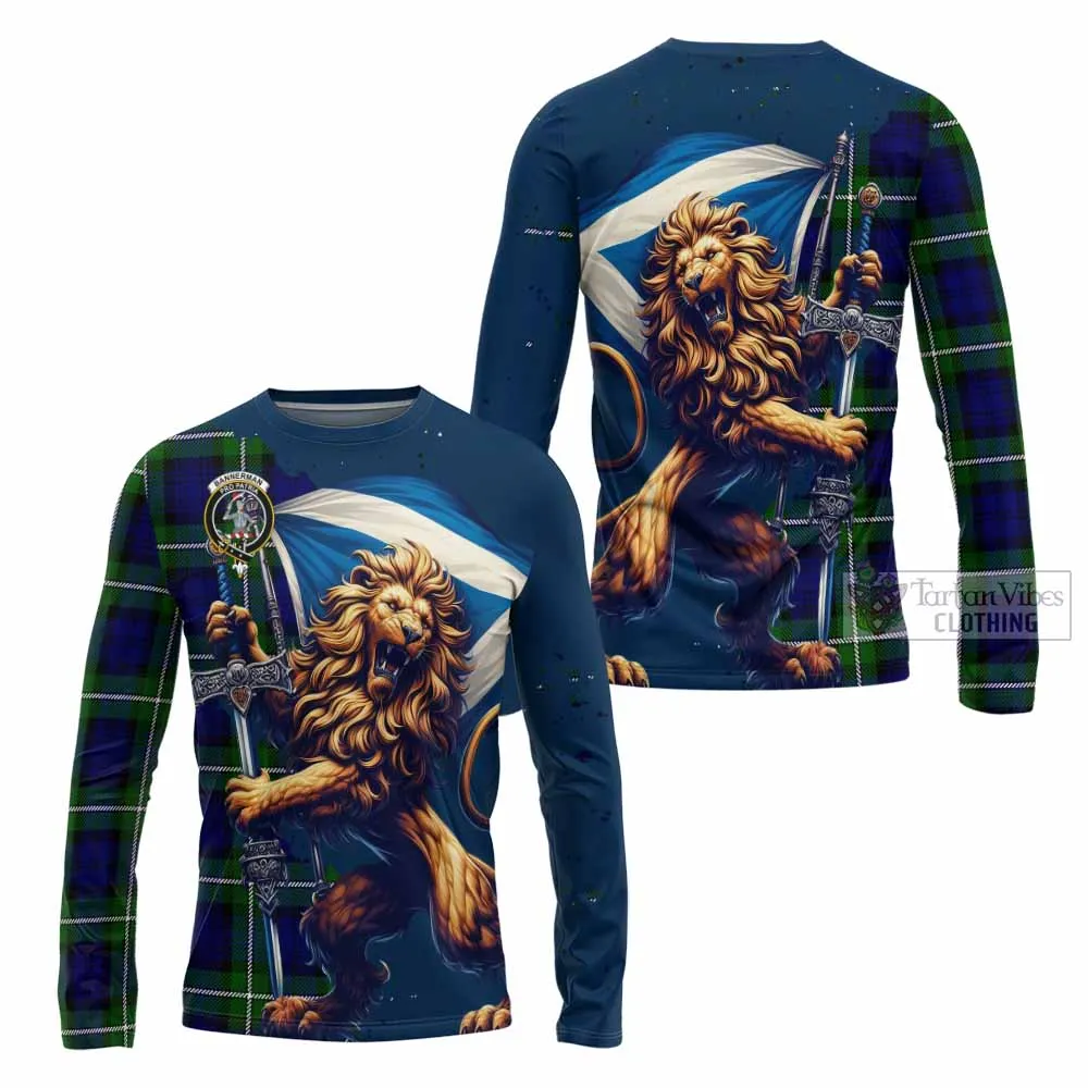 Bannerman Tartan Family Crest Long Sleeve T-Shirt with Scottish Majestic Lion