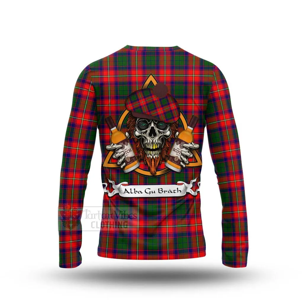 Belshes (Belsches) Tartan Long Sleeve T-Shirt with Family Crest and Bearded Skull Holding Bottles of Whiskey