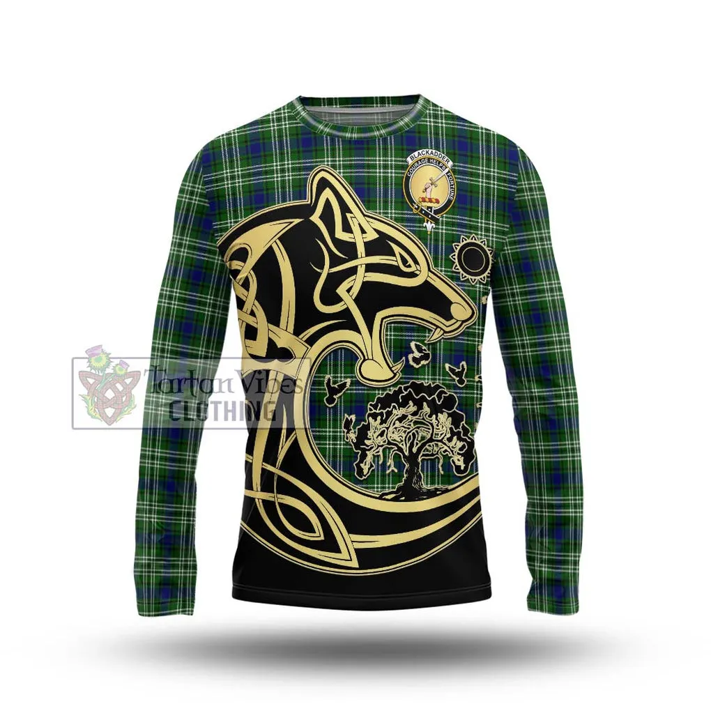 Blackadder Tartan Long Sleeve T-Shirt with Family Crest Celtic Wolf Style