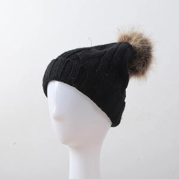 BRAIDED KNITTED FUR POM POM BEANIE