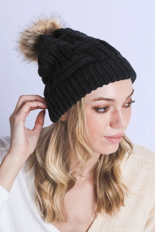 BRAIDED KNITTED FUR POM POM BEANIE