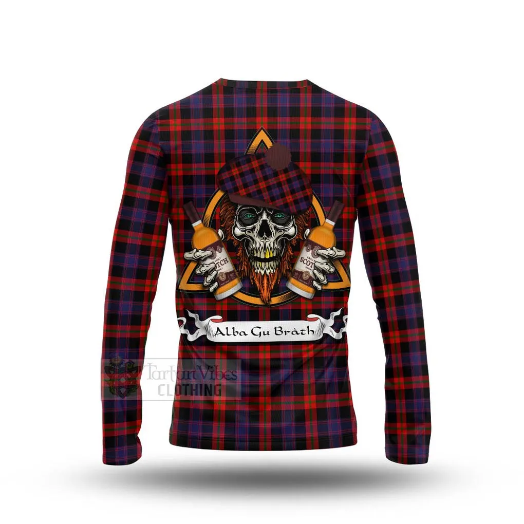 Brown (Broun) Tartan Long Sleeve T-Shirt with Family Crest and Bearded Skull Holding Bottles of Whiskey