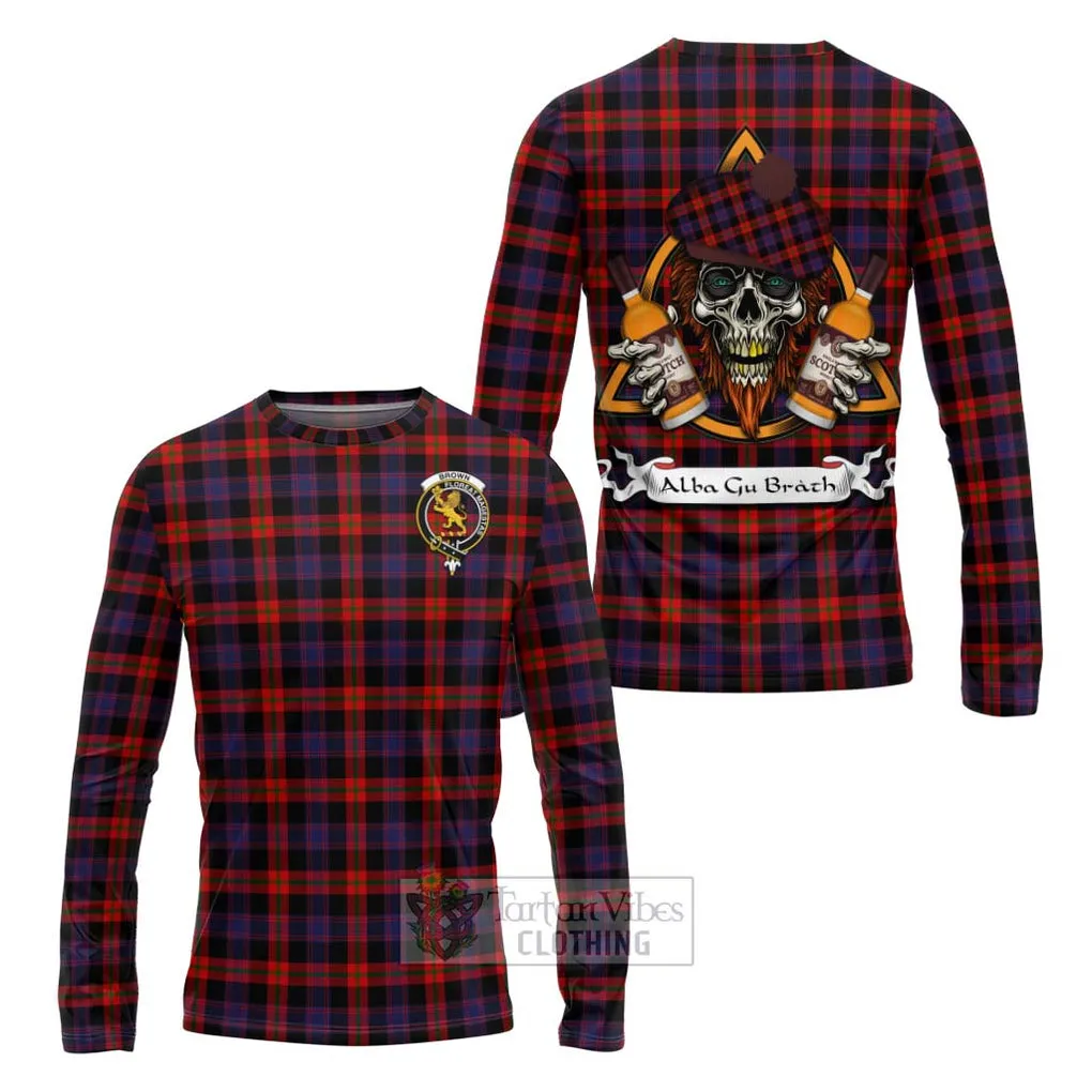 Brown (Broun) Tartan Long Sleeve T-Shirt with Family Crest and Bearded Skull Holding Bottles of Whiskey