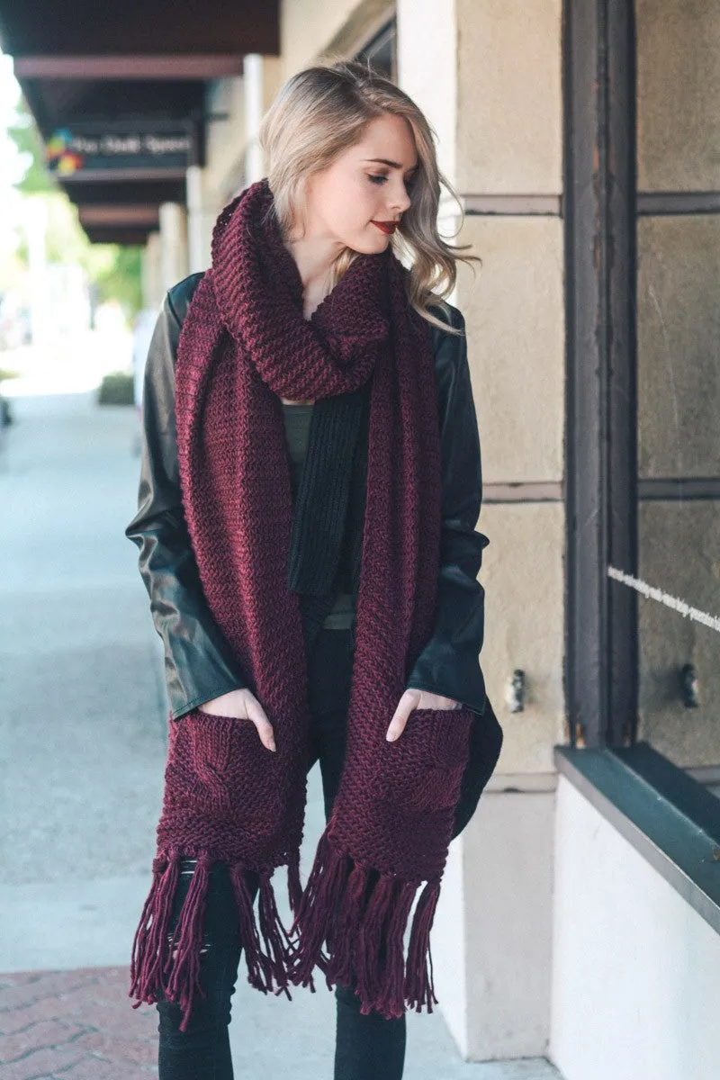 Burgundy Chunky Tassel Scarf with Pockets