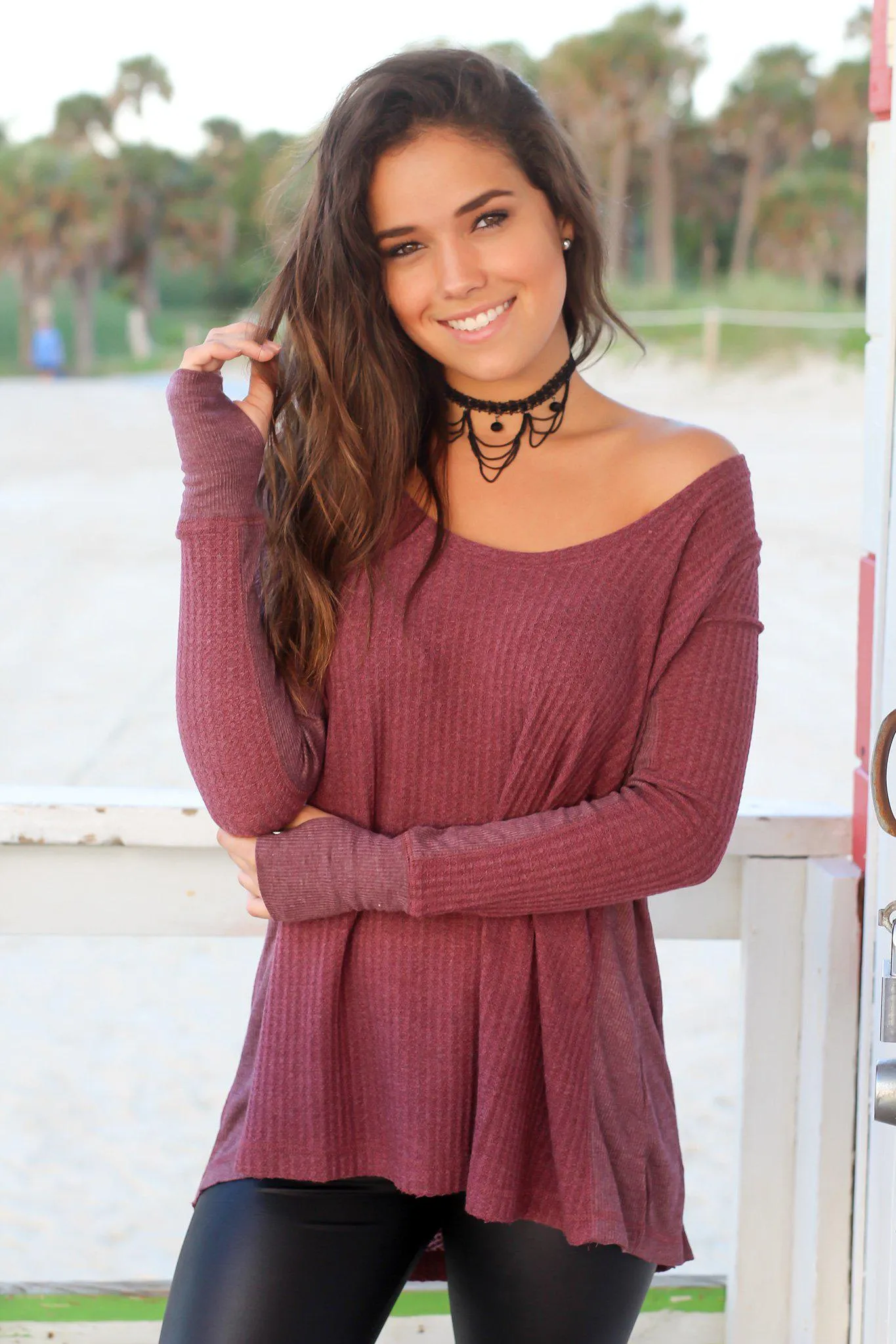 Burgundy Long Sleeve Top with Thumb Holes