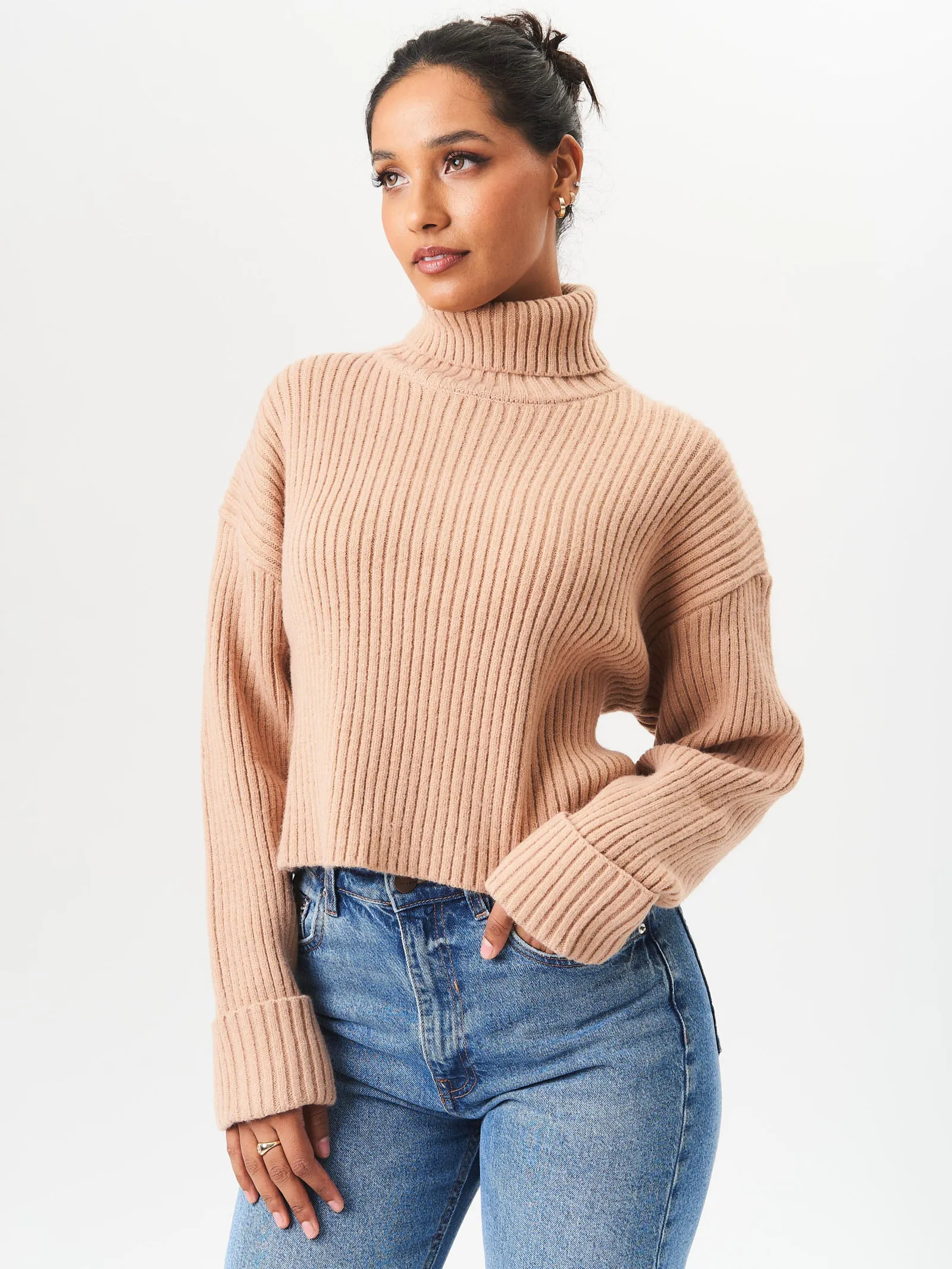 Camel High Neck Chunky Knit Crop Jumper