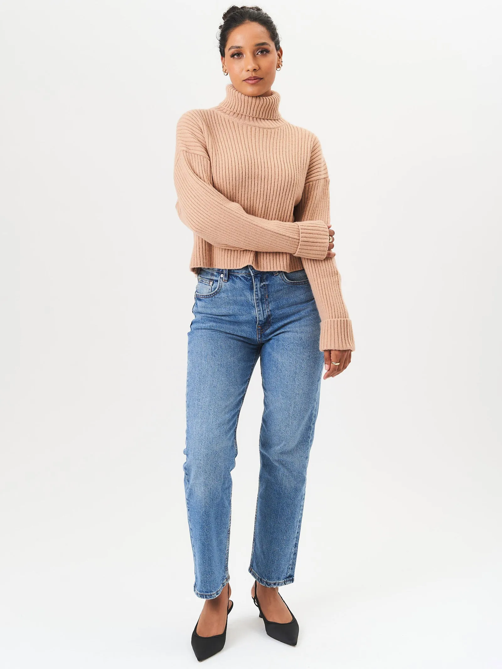 Camel High Neck Chunky Knit Crop Jumper