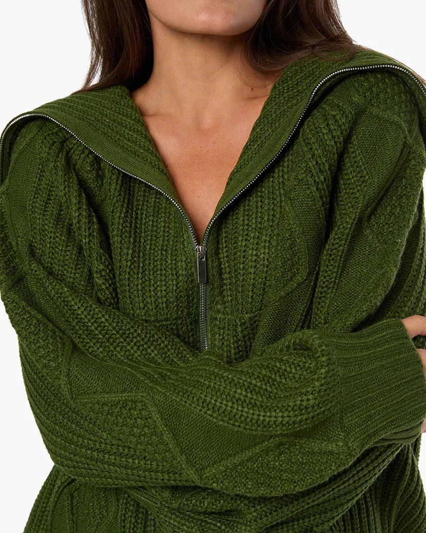 Chunky Cable Knit Zip Up Hunter Green