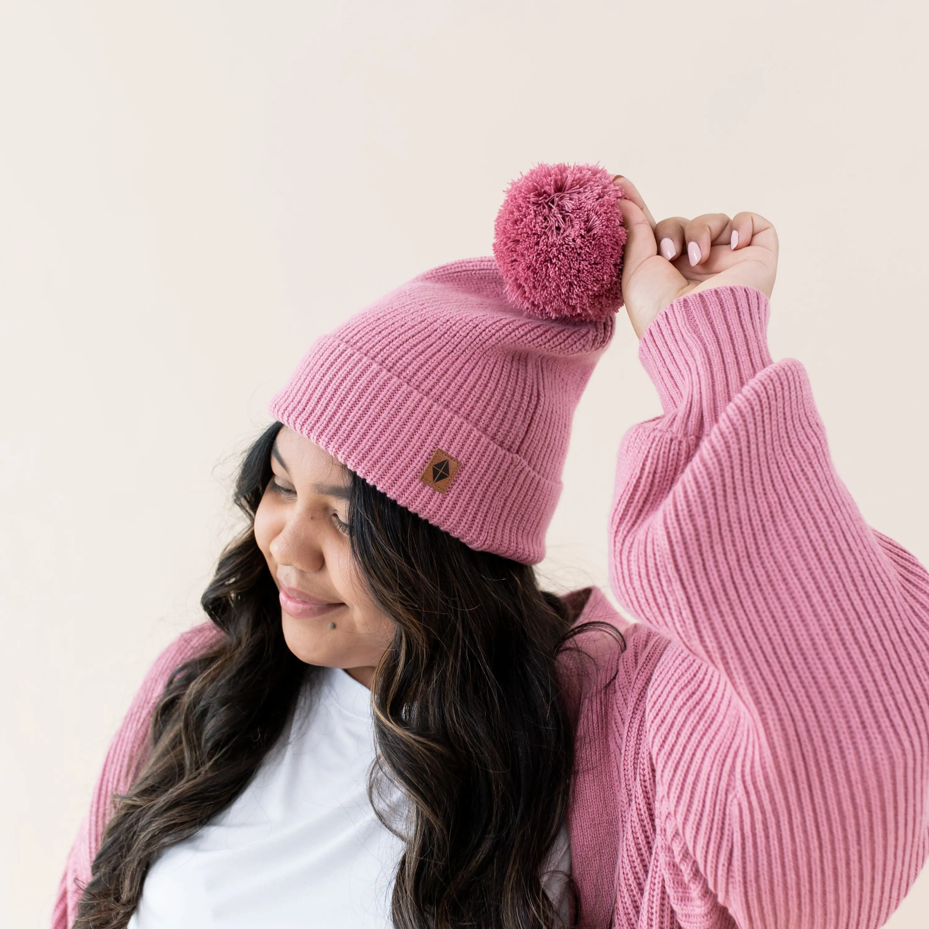 Chunky Knit Adult Pom Beanie in Apple Blossom