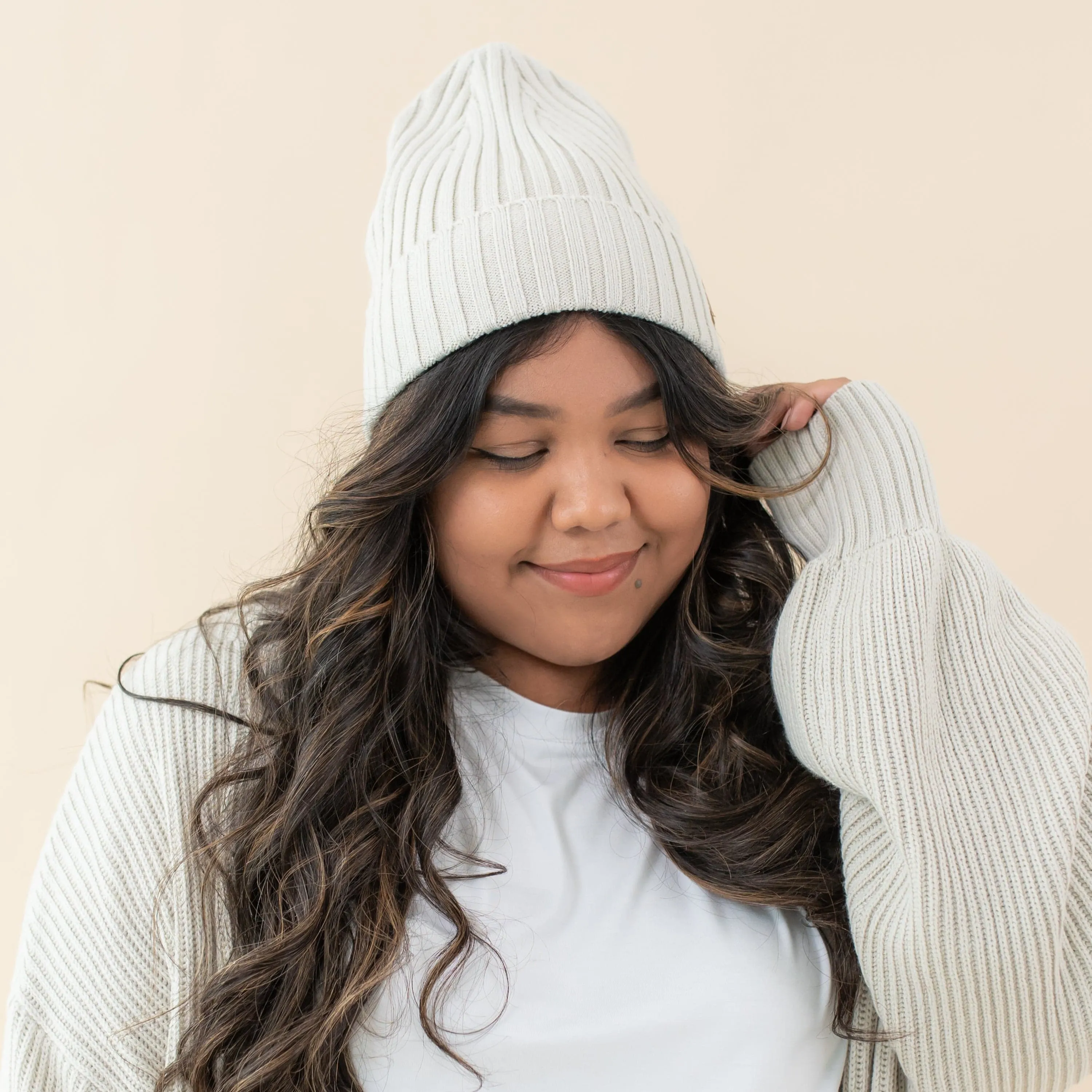 Chunky Knit Adult Ribbed Beanie in Oat