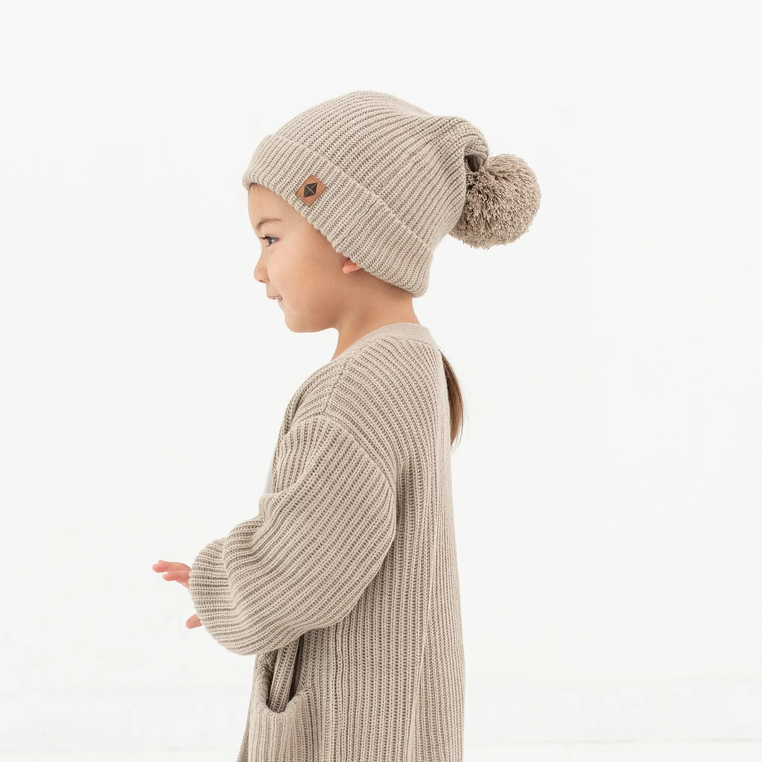 Chunky Knit Pom Beanie in Almond