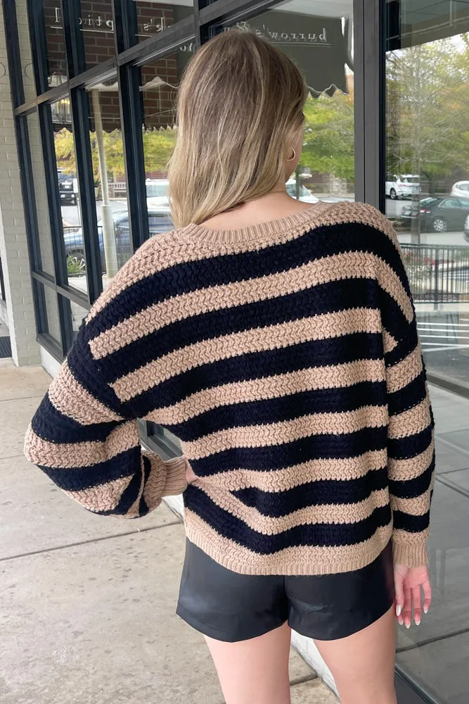 Chunky Knit Striped Sweater-Taupe/Black