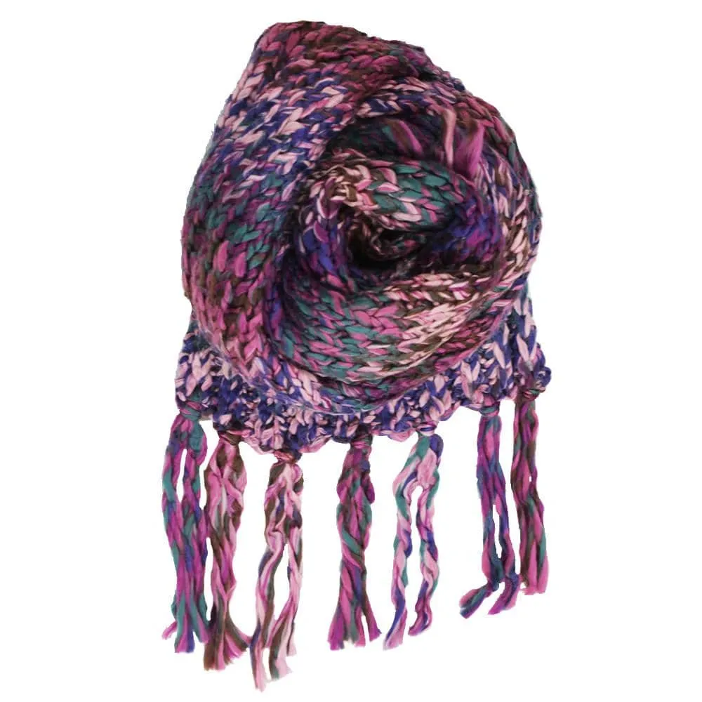 Chunky Marbled Knit Fringe Muffler - Purple/Pink