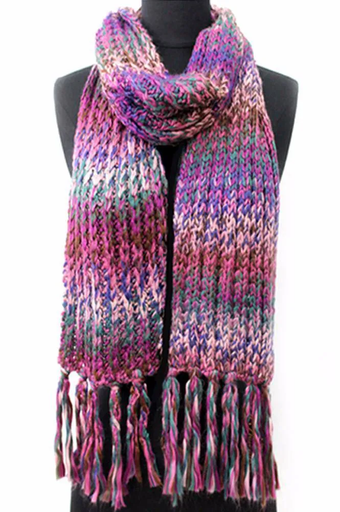 Chunky Marbled Knit Fringe Muffler - Purple/Pink