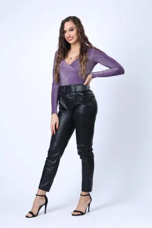 Faux Leather Belted Trousers in Black