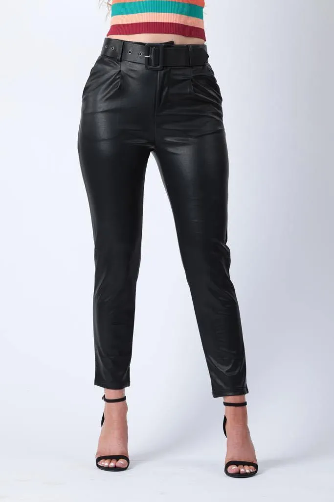 Faux Leather Belted Trousers in Black