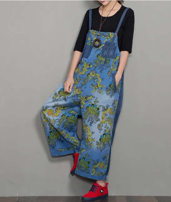 Floral Loose Denim Casual Spring Denim Overall Women Jumpsuits QYCQ34