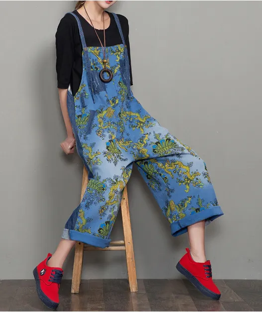 Floral Loose Denim Casual Spring Denim Overall Women Jumpsuits QYCQ34