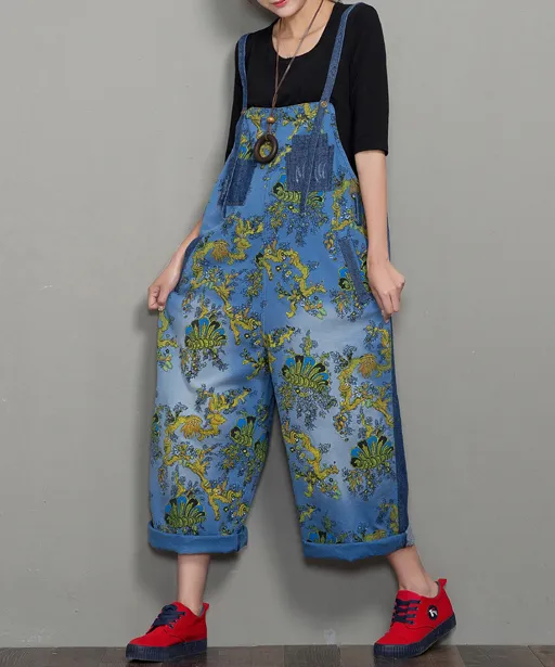 Floral Loose Denim Casual Spring Denim Overall Women Jumpsuits QYCQ34