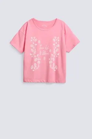 GIRLS DROP SHOULDER T SHIRT WITH FLORAL PRINT