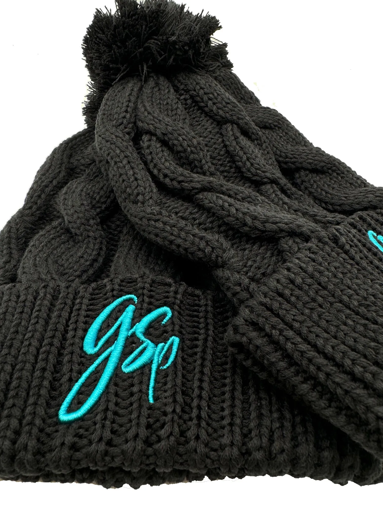 GSP Scripted Chunky Pom Pom Beanie - Black with Teal