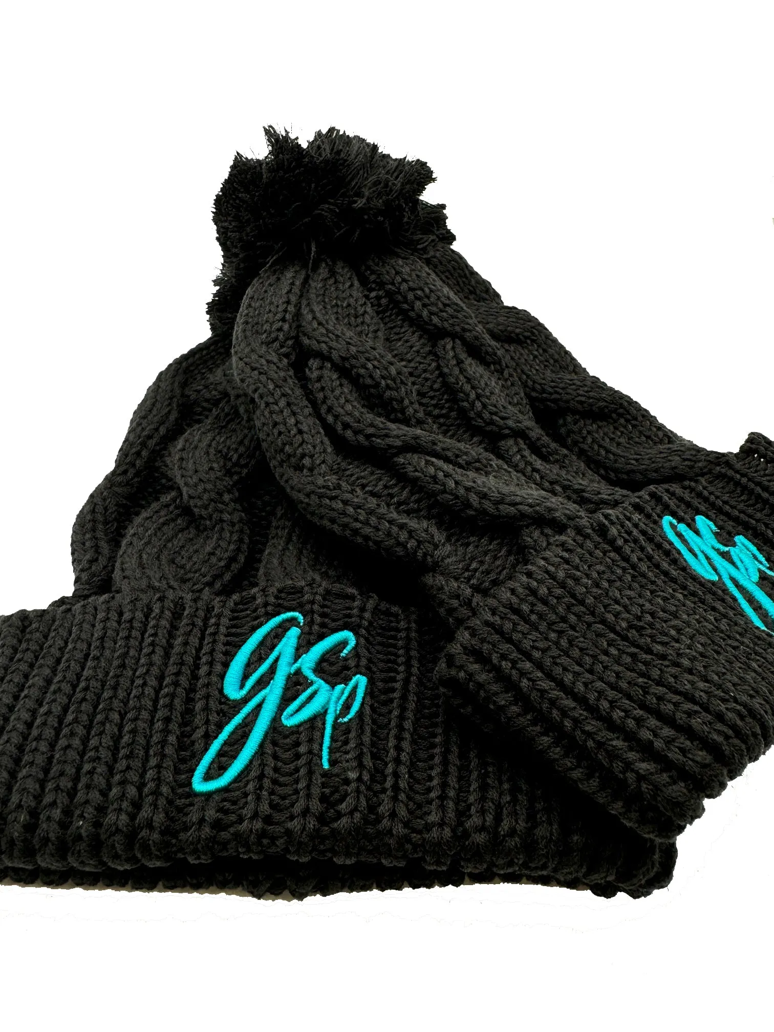 GSP Scripted Chunky Pom Pom Beanie - Black with Teal