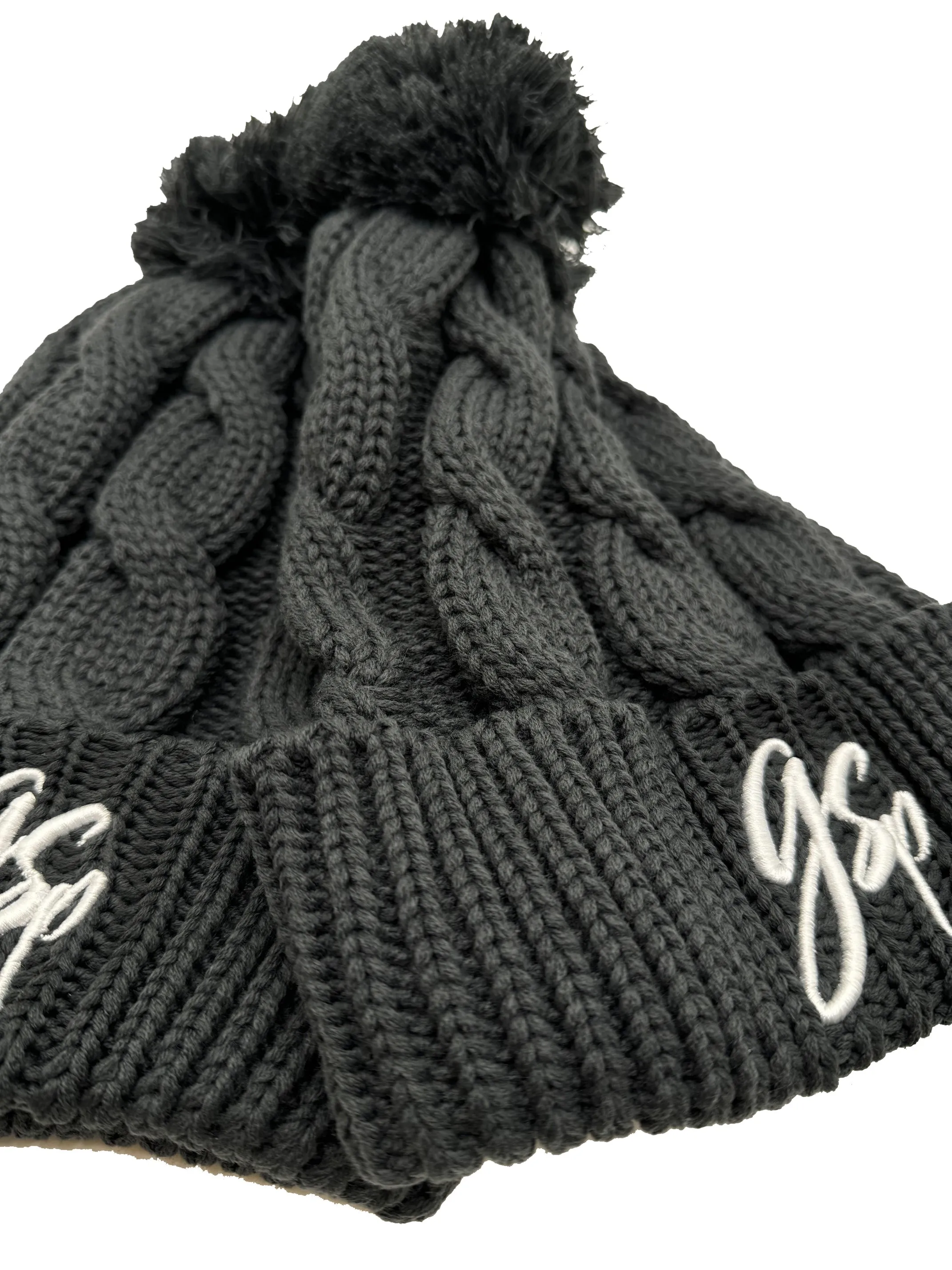 GSP Scripted Chunky Pom Pom Beanie - Gunmetal with White