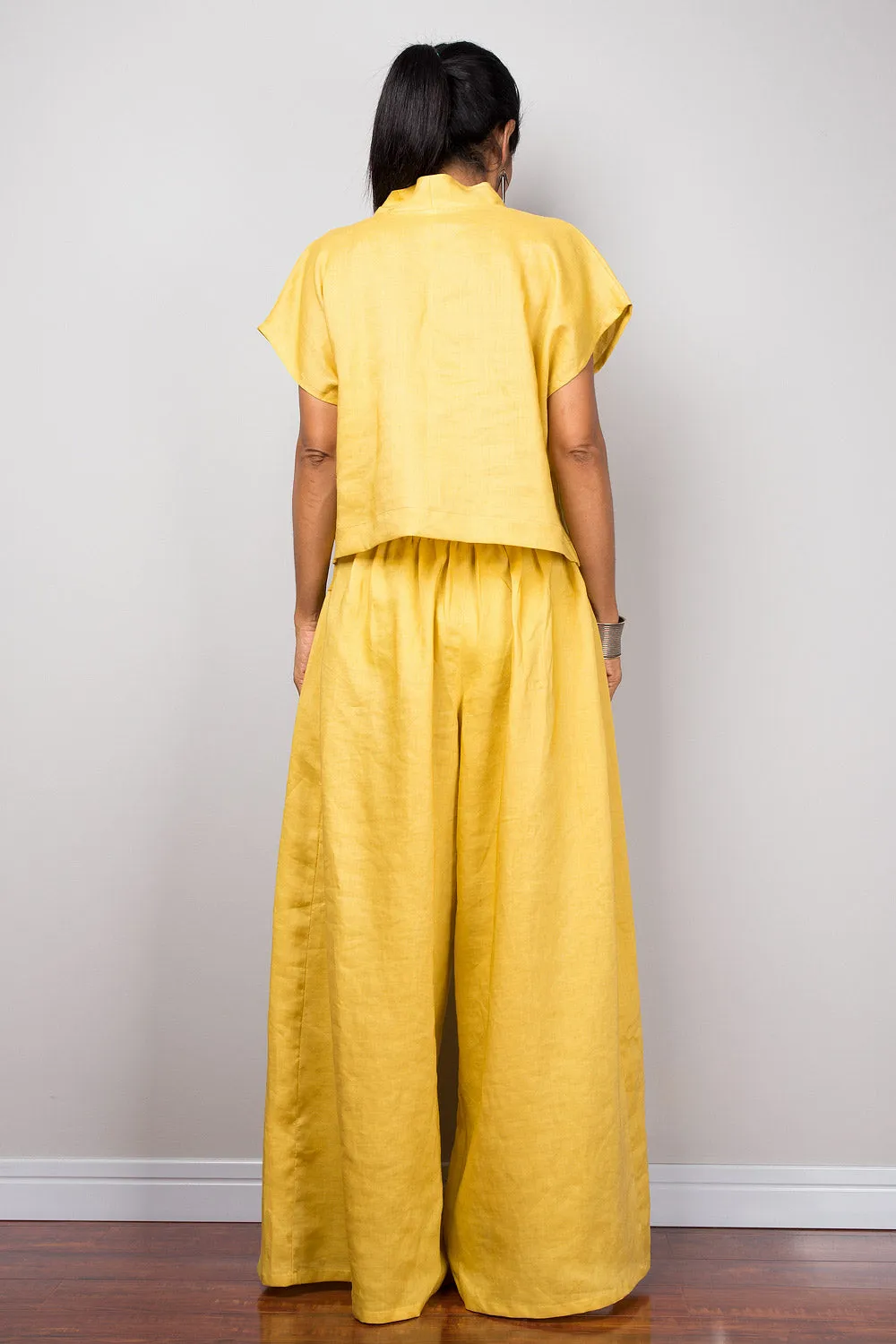 Handmade yellow natural linen long wide leg palazzo pants. Mustard yellow high waist women's summer pants