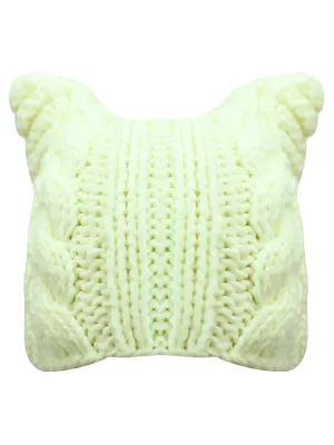 Ivory White Thick Cable Knit Beanie Hat With Pussy Cat Ears