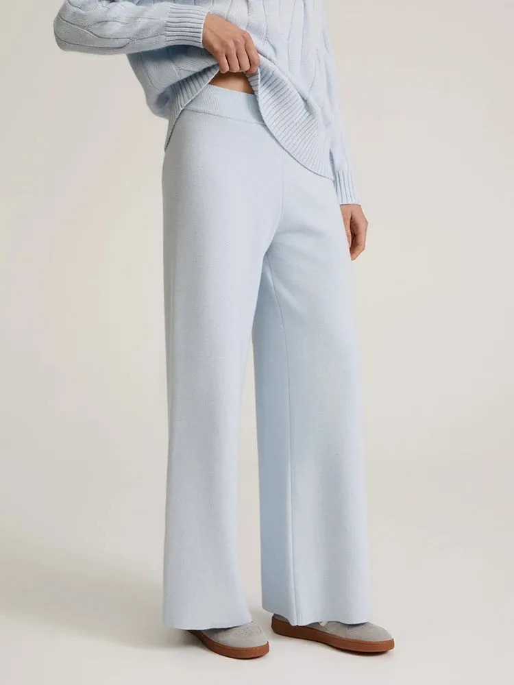 Knitted Winter High Waist Warm Straight Solid Light Blue Basic Wide Leg Pants