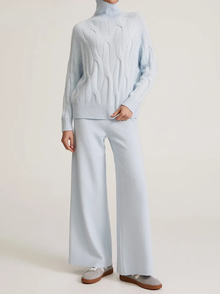 Knitted Winter High Waist Warm Straight Solid Light Blue Basic Wide Leg Pants