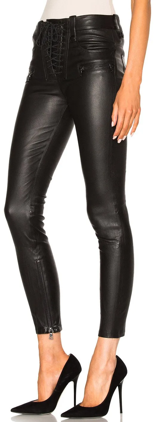 Lace Front Faux-Leather Skinny Pants in Black