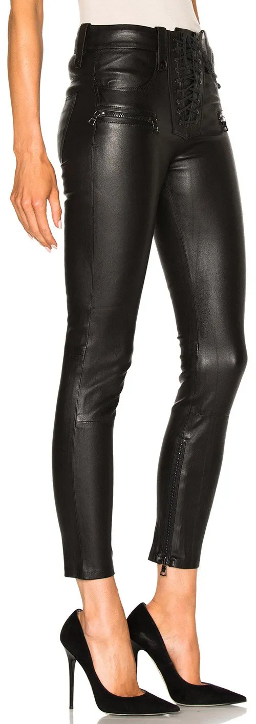 Lace Front Faux-Leather Skinny Pants in Black