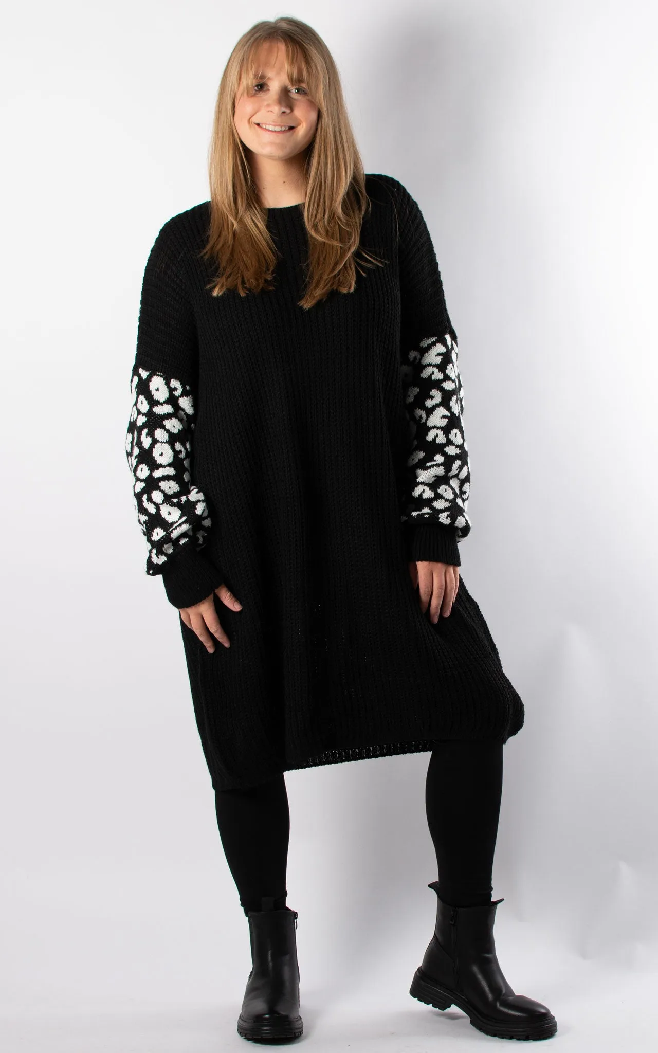 Lily Leopard Sleeve Tunic Jumper | Black