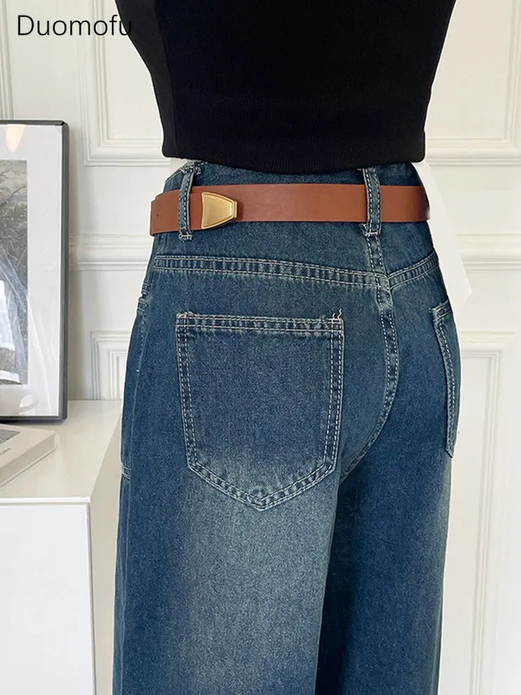 LVSANW Duomofu Chic Pocket Basic Belt High Waist Slim Straight Female Jeans Summer Vintage Full Length Loose Casual Fashion Women Jeans