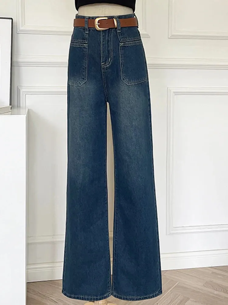 LVSANW Duomofu Chic Pocket Basic Belt High Waist Slim Straight Female Jeans Summer Vintage Full Length Loose Casual Fashion Women Jeans