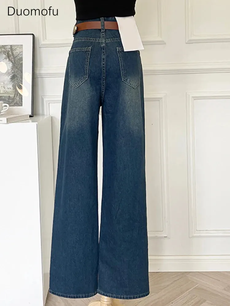 LVSANW Duomofu Chic Pocket Basic Belt High Waist Slim Straight Female Jeans Summer Vintage Full Length Loose Casual Fashion Women Jeans