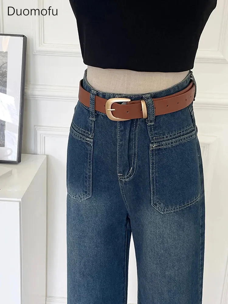 LVSANW Duomofu Chic Pocket Basic Belt High Waist Slim Straight Female Jeans Summer Vintage Full Length Loose Casual Fashion Women Jeans