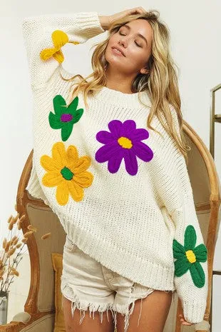 Mardi Gras Colors Flower Embroidery Sweater