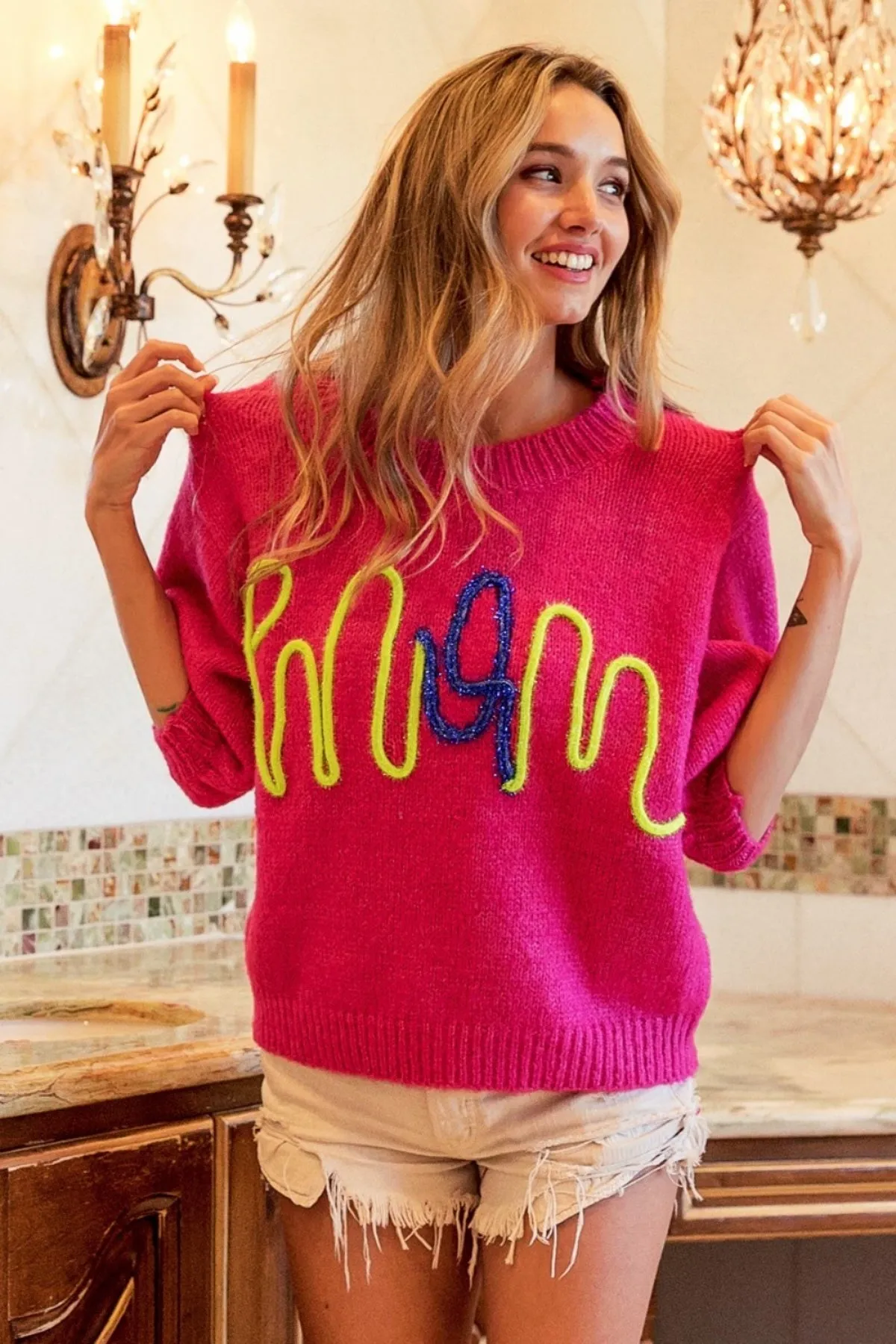 MOM Embroidered Knit Top - Fuchsia