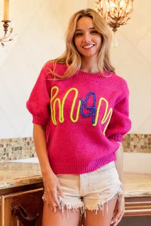 MOM Embroidered Knit Top - Fuchsia