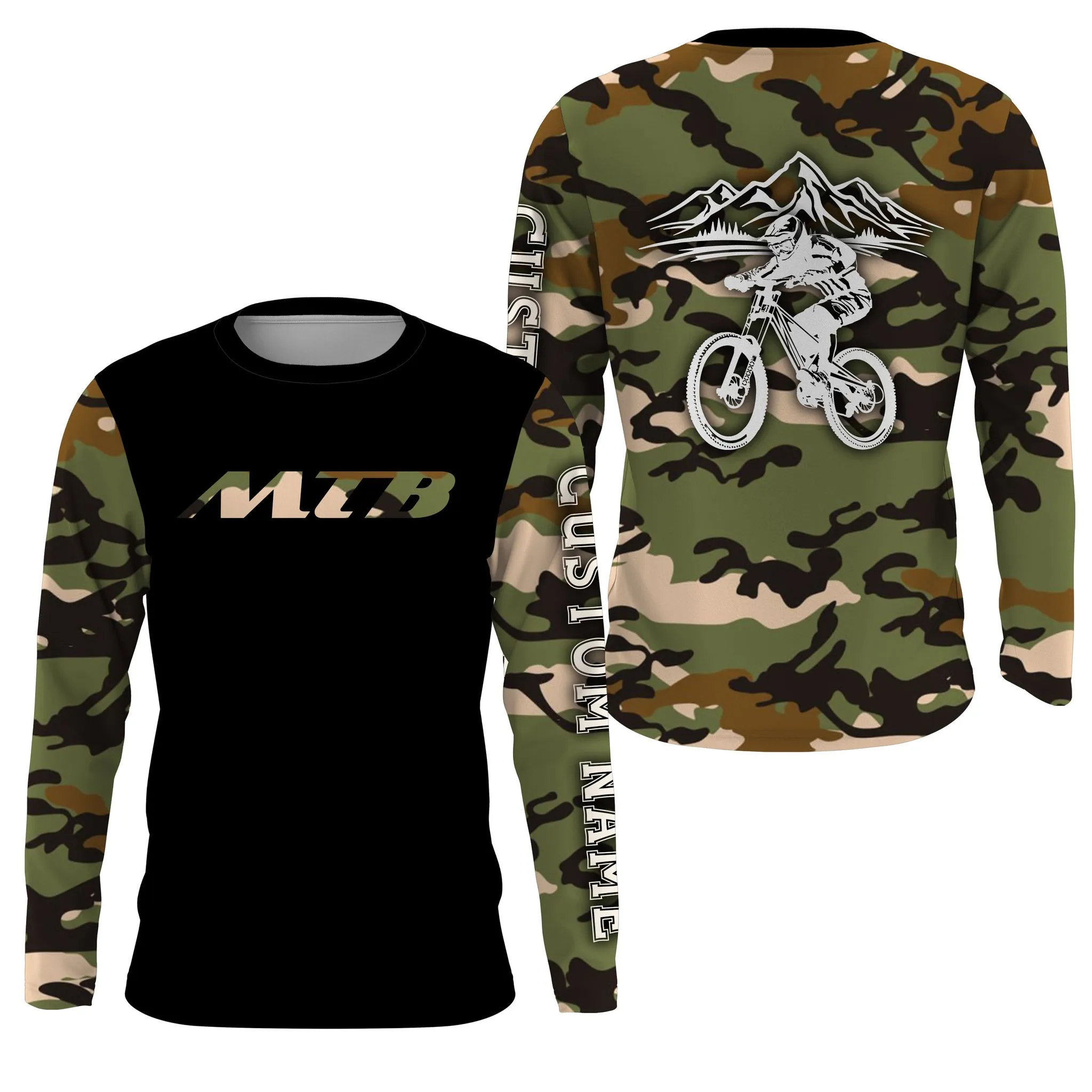 MTB Jersey Long Sleeve Hoodie Shirt, Camo Biking Cycling Shirt, Mountain Biking Shirt Biking Clothing