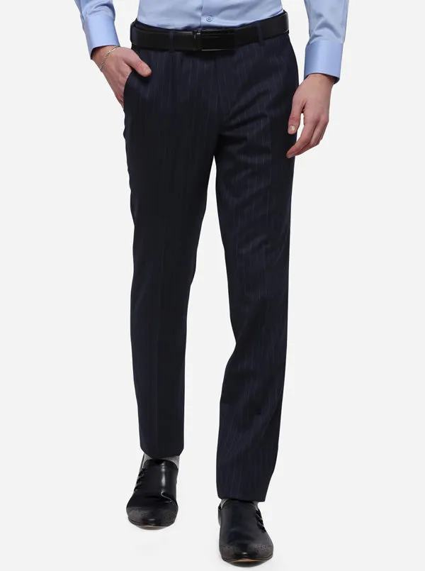 Navy Blue Striped Super Slim Fit Formal Trouser | JadeBlue