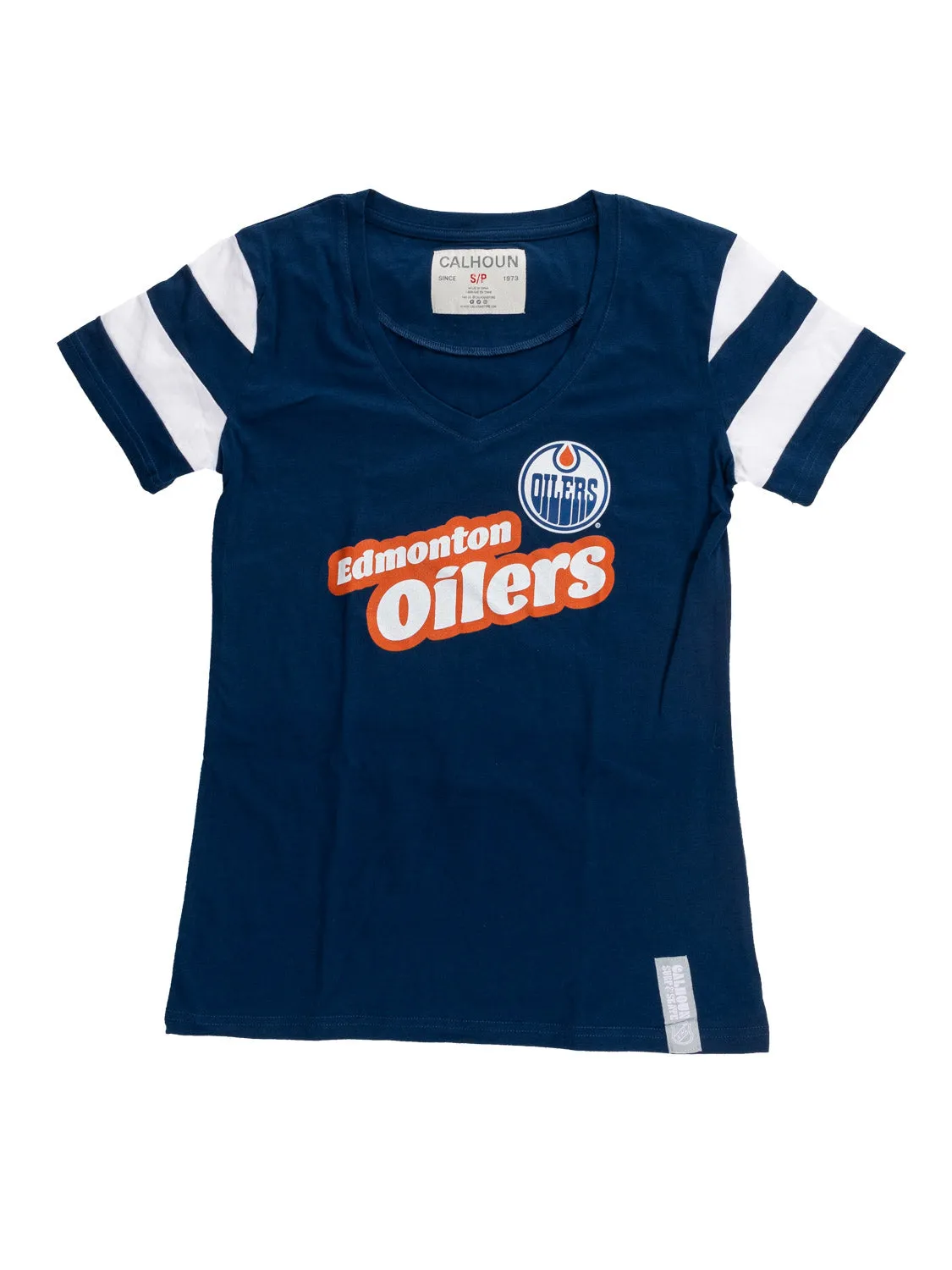 Official Licensed NHL Ladies' Retro Varsity Short Sleeve Vneck Tshirt--Edmonton Oilers